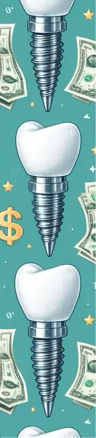 Pattern of dental implants, cash, and dollar signs on a green background
