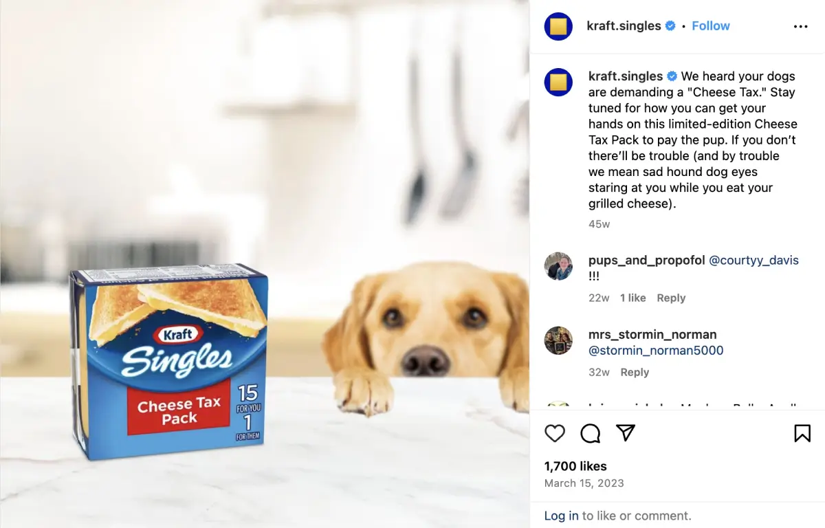 Original Instagram post by Kraft Cheese of a dog behind a pack of Kraft singles cheese tax pack.