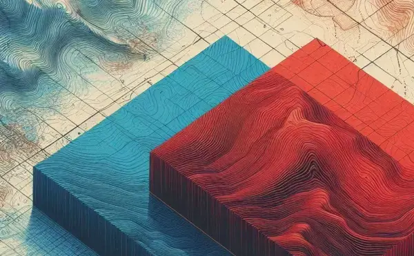 Graphic of two square blocks, one red, one blue, overlapping on top of a topographical map