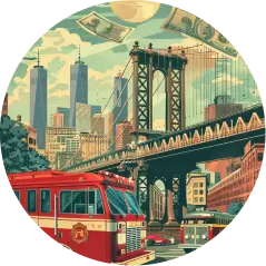 Skyline of a city with a fire truck in the foreground and and bridge with buildings in the background