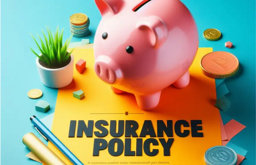 A bightly colored paper of an insurance policy with a piggy bank on top