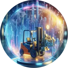 Bubble containing a forklift spreading around a massive stack of coins, with uptrending charts in the background