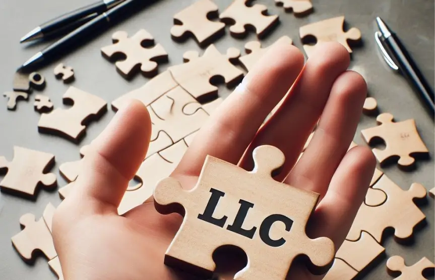 Hand holding up a puzzle piece that says "LLC" in front of a desk with a large incomplete puzzle