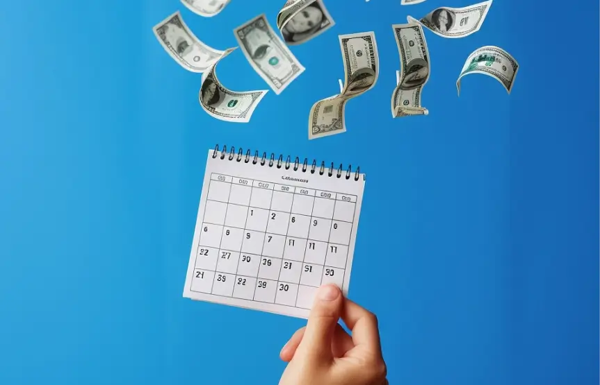 A hand holding up a calendar with dollar bills flying over it, on a bright blue background