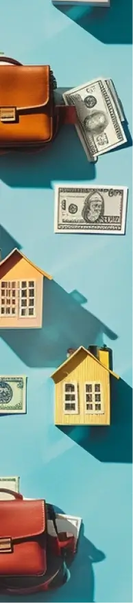 A pattern of houses, dollars, and breifcases on a sky-blue background