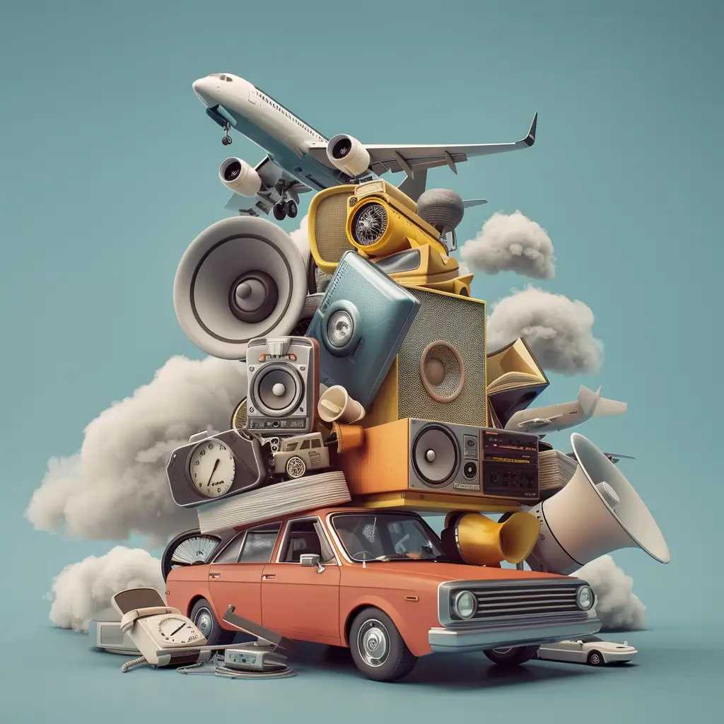 A pile of items containing a loudspeaker, car, telephone, and an airplane hovering over everything
