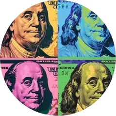 A brightly colored circular collage of $100 dollar bills