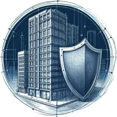 Sketch of a blue multi-story building covered by a giant sheild
