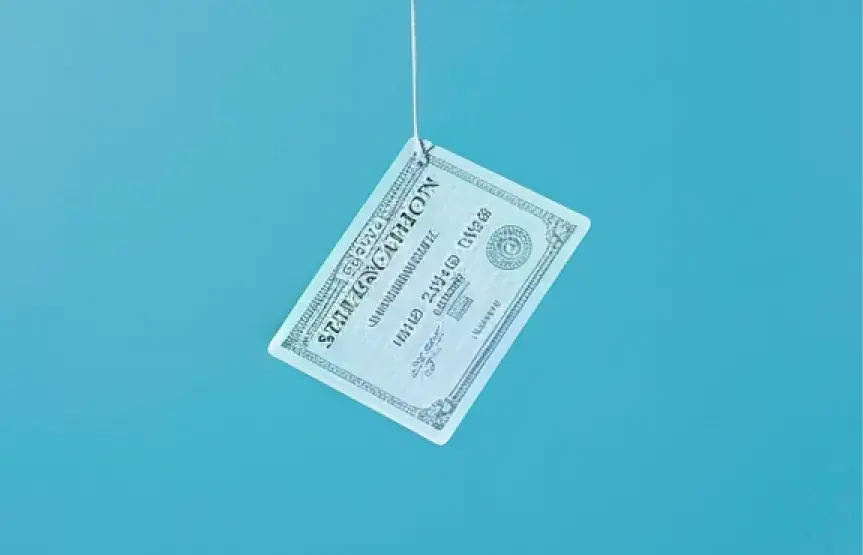 A social security card handing from a string, suspended over a blue background
