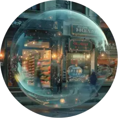 A bubble shining in front of a storefront