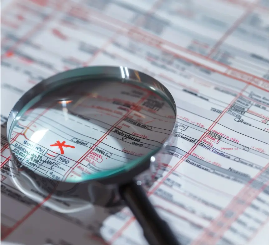 A magnifying glass hovering over a tax form with red marks on it