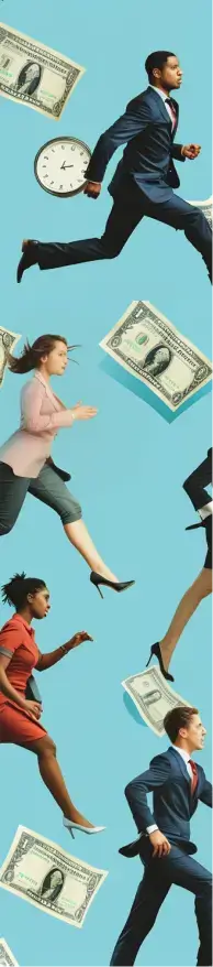 A pattern of business people running with dollar bills floating on a bright blue background