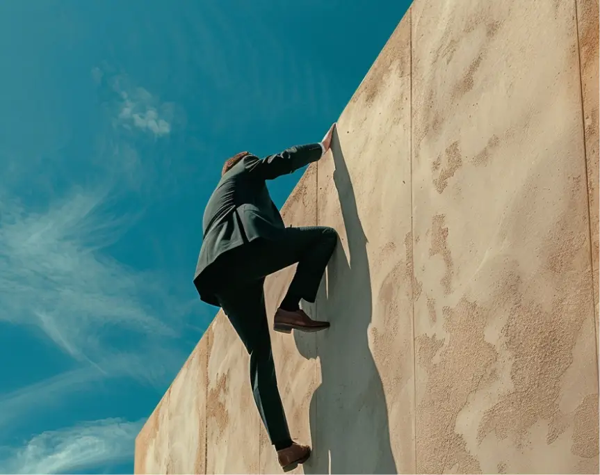 Ground-view of a man in a business suit climbing over a wall with a bright sky in the background