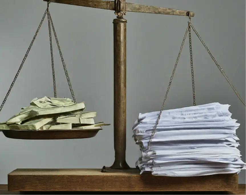 An old fashioned scale holding cash on one side and a heavier pile of documents on the other